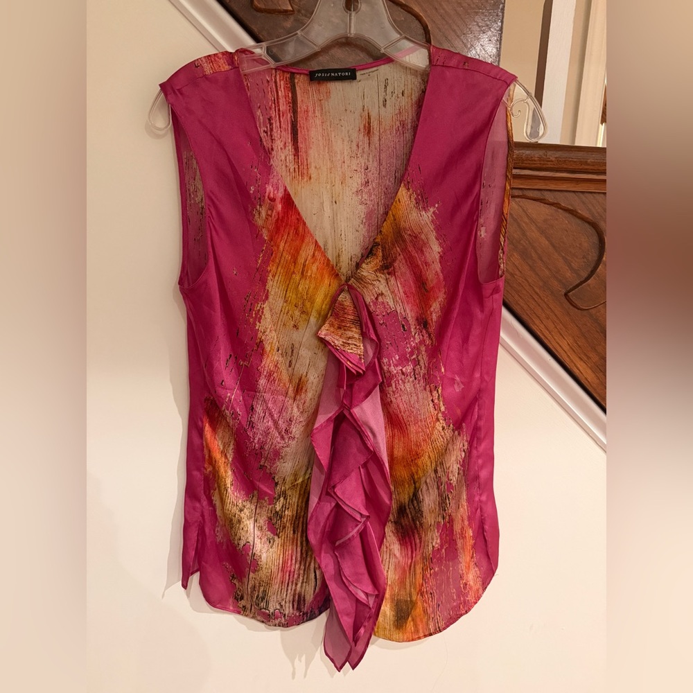 Natori Magenta Ruffle-Front Blouse with Multicolor Brushstroke Print